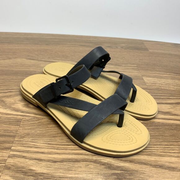 Crocs Tulum Toe Post Black Tan Sandals Iconic Comfort Beach Women’s Size 6 - Picture 1 of 7